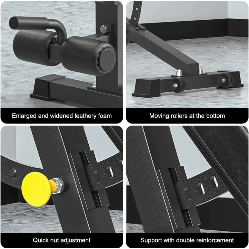 Detailed features of Adjustable Weight Bench for Dumbbell Training - SF3447 highlighting foam, rollers, nut adjustment, and reinforcement support.